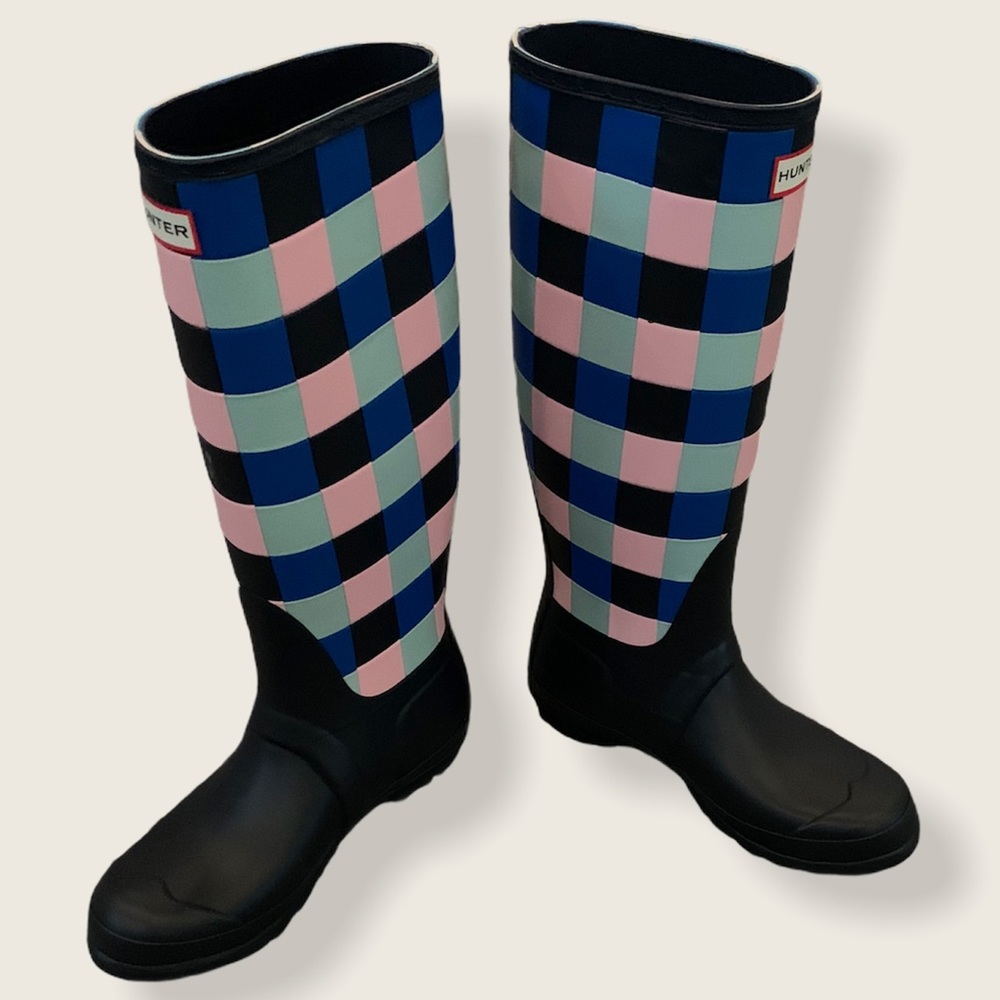 Hunter Classic Tall Rain Boot Woven Gingham sz 7